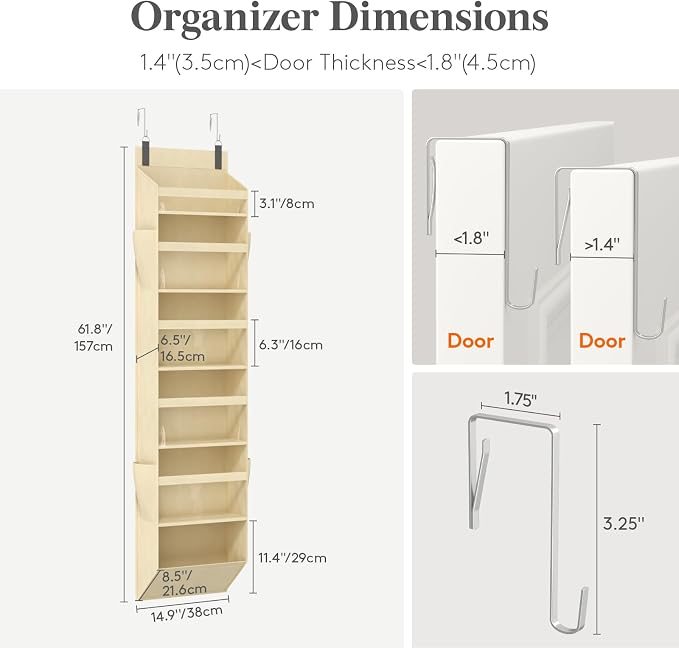 Lifewit 1 Pack Over the Door Organizer, 6 Section Clear Window Hanging Storage with 4 Side Pockets, Sturdy Anti Tilt 40 lbs Load Behind Door for Closet, Bedroom, Bathroom, Nursery, Dorm, Beige