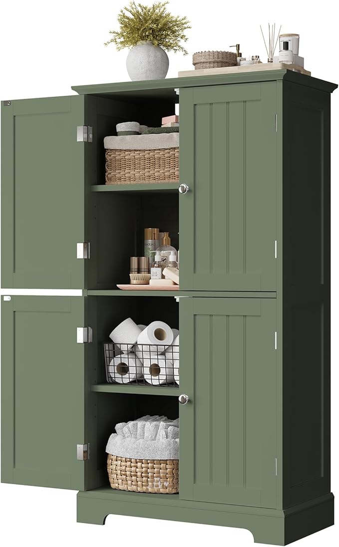 ChooChoo Bathroom Floor Cabinet with Adjustable Shelves | Bathroom Storage Cabinet, 4 Doors, Freestanding Cupboard for Living Room, Green