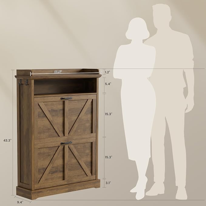 Farmhouse Shoe Cabinet with 2 Flip Drawers & Open Storage ,31.5" W Walnut | Freestanding shoe cabinet with flip drawers ,Brown design and space-saving storage for entryway,foyer & hallway