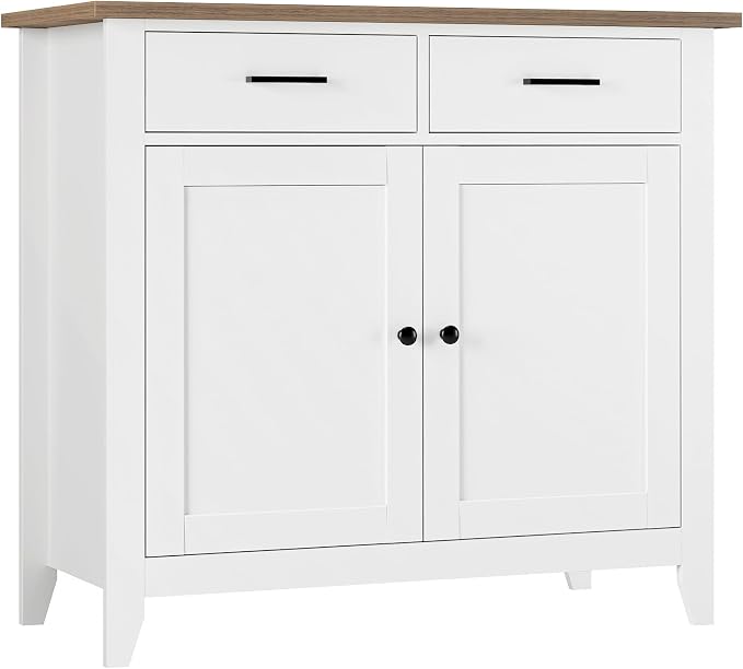 HORSTORS Farmhouse Kitchen Storage Cabinet, Small Buffet, Coffee Bar, White | Buffet Sideboard with 2 Drawers & 2 Doors, 35.8"W Coffee Table, Sapce-saving Kitchen Cabinet for Dining Living Room, Entryway