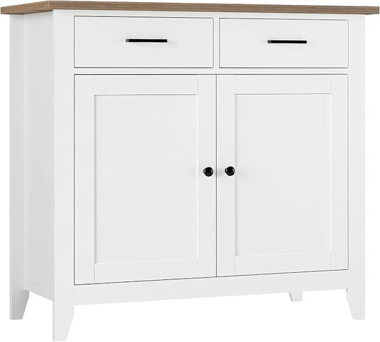 HORSTORS Farmhouse Kitchen Storage Cabinet, Small Buffet, Coffee Bar, White | Buffet Sideboard with 2 Drawers & 2 Doors, 35.8"W Coffee Table, Sapce-saving Kitchen Cabinet for Dining Living Room, Entryway