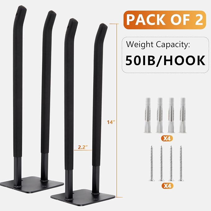 Sinoer 2 Pack Steel Wall Mount Double Garage Storage Hooks | 14 inch heavy steel double wall hooks organize ladders, chairs, ropes, tires & strollers for garage use