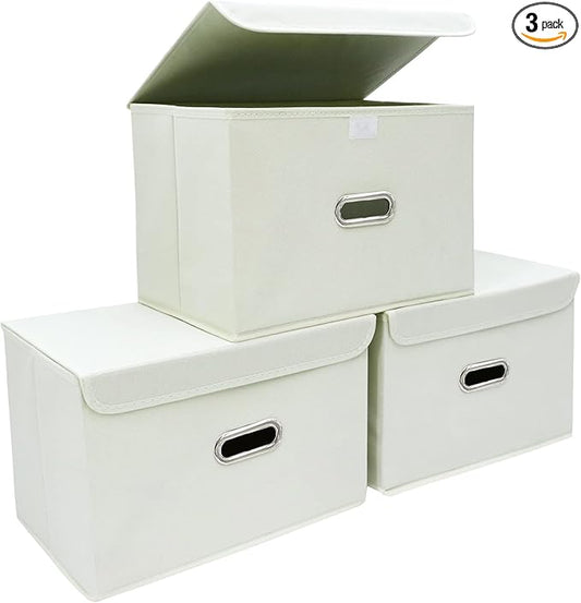 STOREONE Fabric Storage Cube Bins Foldable Organizer Container Collapsible Basket with Lids and Metal Handles, for Home, Bedroom, Closet 3 Pcs (Creamy-White)
