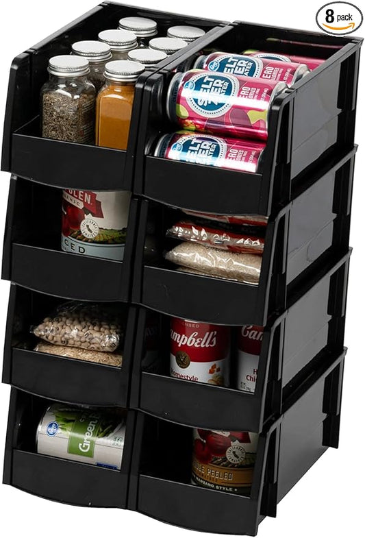 IRIS USA 8-Pack, Medium Stackable Storage Bins, Black | Organize small parts, hardware, craft supplies, pantry items, and household essentials with open-front access, stackable bins