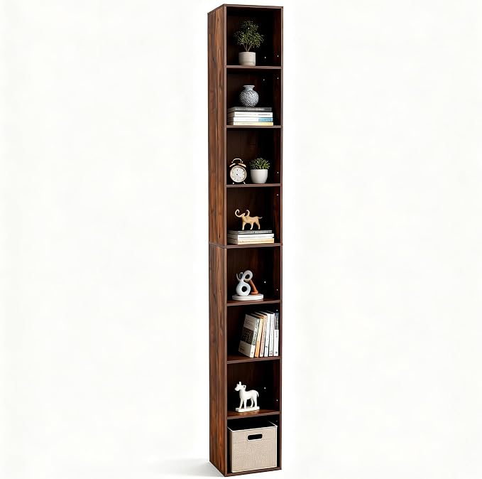 8-Cube Storage Organizer Bookcase, Tall Narrow Bookshelf for Home Office (Dark Brown)