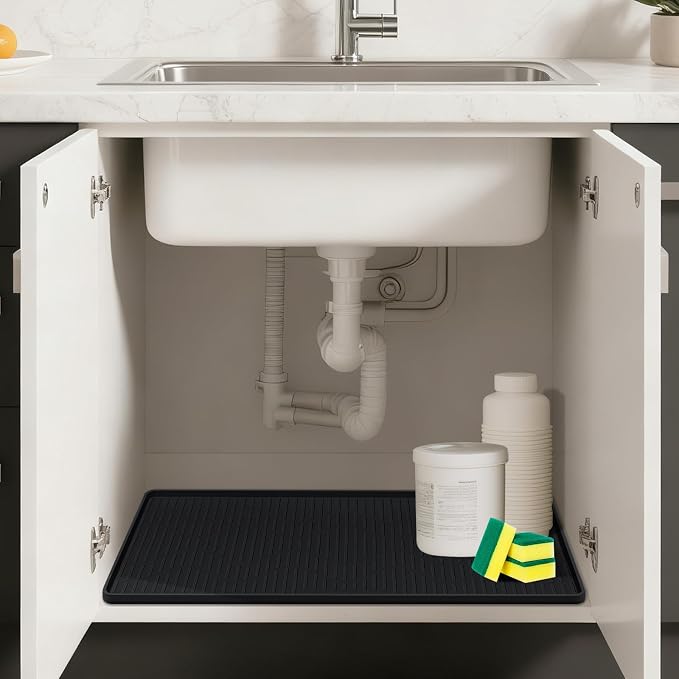 36" x 24" Under Sink Mat for Kitchen Lanstics Under Sink Organizer Black | Waterproof Raised Edge Silicone Mat Sink Protector Silicone Organizers Tray for Kitchen Bathroom