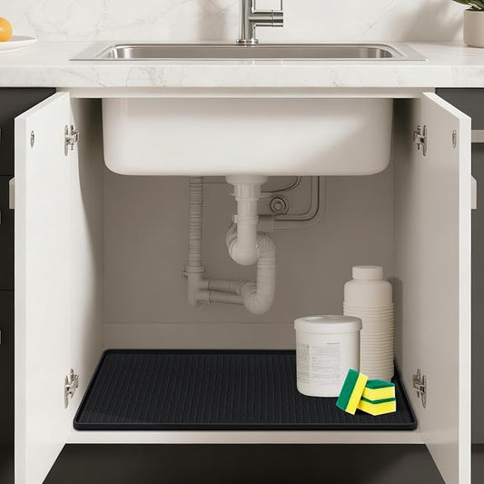 32" x 22" Under Sink Mat for Kitchen Lanstics Under Sink Organizer Black | Waterproof Raised Edge Silicone Mat Sink Protector Silicone Organizers Tray for Kitchen Bathroom