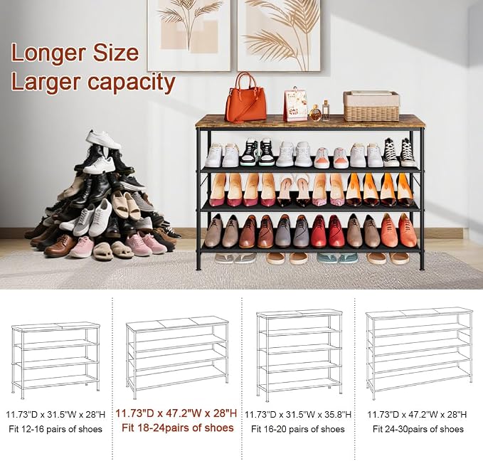 INGIORDAR 4 Tier Long Shoe Rack Storage Organizer Shelf for Closet Entryway | Spacious design,Large-Capacity stores 24 Pairs of Shoes for Closet,Entryway,Bedroom,Living Room,Garage,Black+Rustic Brown