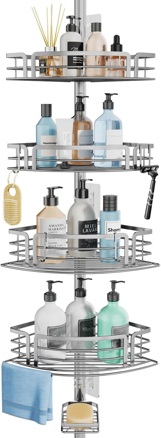 Consumest Corner Shower Caddy Tension Pole - Rustproof Shower Shelves with Towel Bar & Soap Holder, Adjustable Bath Organizer for Bathroom Storage, 27.6-108.3 inch, Silver