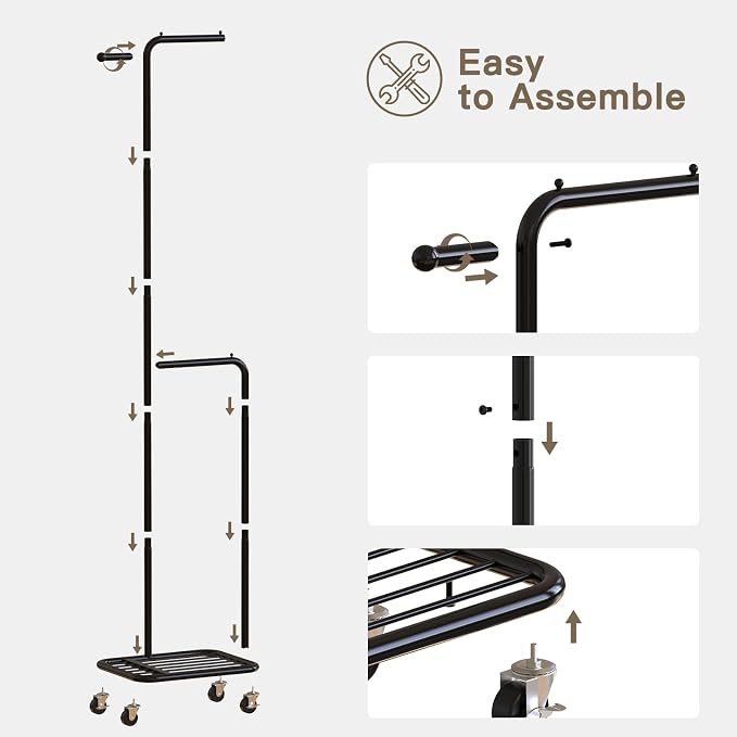 Small Rolling Clothing Rack with Shelf, Narrow Clothes Rack with Wheels | Gasvadivum 71" Tall Sturdy Metal Garment Rack with Hanging Rod, Freestanding Portable Coat Rack for Bedroom, Entryway, Black