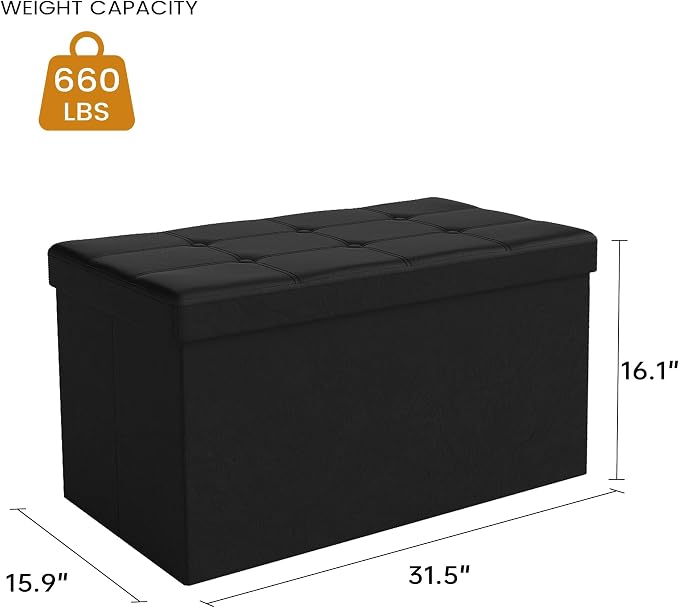 KROFEM 31.5" Folding Storage Ottoman Bench,Rectangle Foot Rest Stool for Living Room and Bedroom Holds 660 lbs,Synthetic Leather,Black