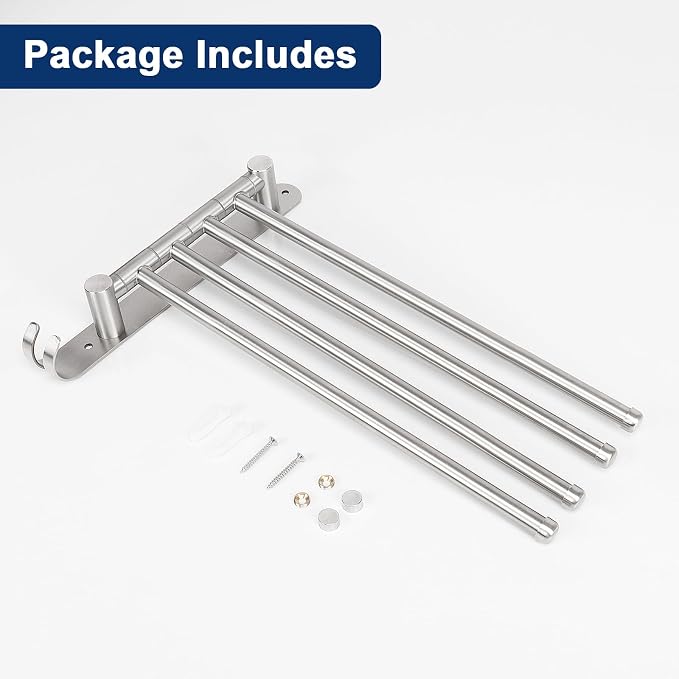 NearMoon Swivel Towel Rack, 13.8" Thicken 304 Stainless Steel 4-Arm Towel Bar, Space Saving Wall Mounted Towel Holder with Hook, Rustproof Swing Out Towel Hanger for Bathroom, Kitchen (Brushed Nickel)