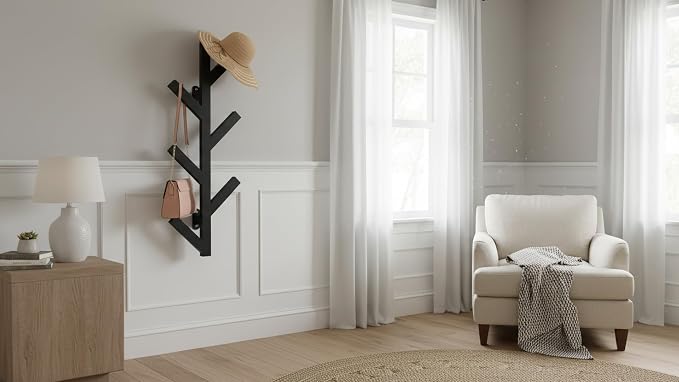 Vlush Wall Mounted Metal Coat Rack with 6 Hooks Modern Minimalist clothes rack, Upright Coat Rack for Hanging Clothes, Hats, Hanging Bags and Scarves Entrance Wall Iron Coat Racks (Black)