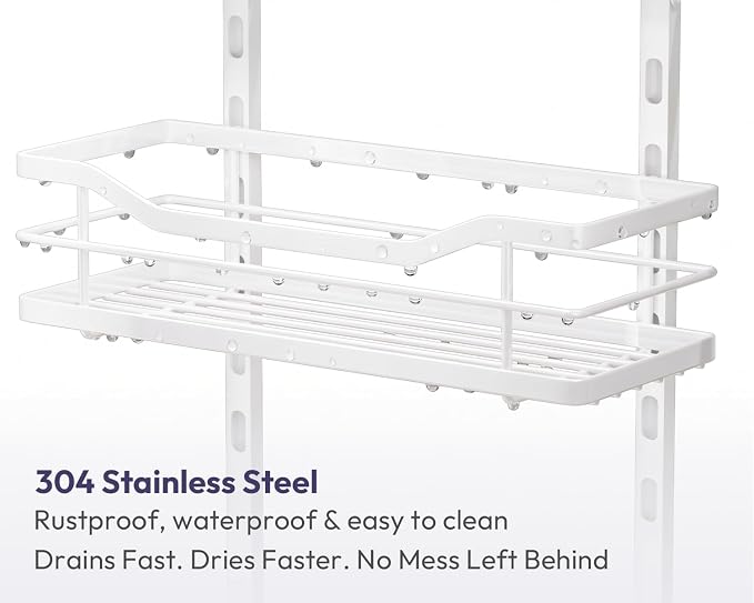 SWTYMIKI Over the Door Shower Caddy - 5 Tier Adjustable Shower Organizer Hanging with Soap Holder, No Drilling Stainless Steel Bathroom Rack Hanging for Body Wash, Shampoo, Soap, Razor, White