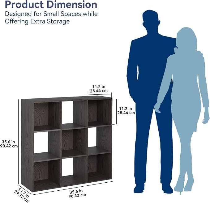 Whitmor 9 Cube Storage Organizer, 3 Tier Stackable MDF Wood Bookcase, Open Storage Display Bookshelf, Storage Cabinet for Living Room, Bedroom, Home, Office, 35.5" L x 11.7" W x 35.5" H, Espresso