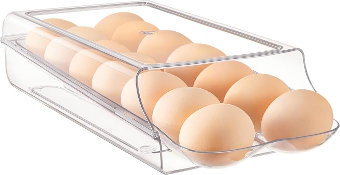 Vtopmart 1 Pack Egg Holder for Fridge, Automatic Rolling Egg Container | Stackable Clear 14-Count Eggs Organizer with Removable Inner Tray, Egg Storage for Refrigerator, Space Saving