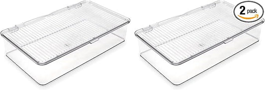 Isaac Jacobs Small Stackable Organizer Bin (10.75” x 6.5” x 2.4”) w Hinged Lid Clear Storage Box Home Office School Fridge Bathroom Kitchen Pantry Container BPAFree Food Safe (Small Clear) (Pack of 2)