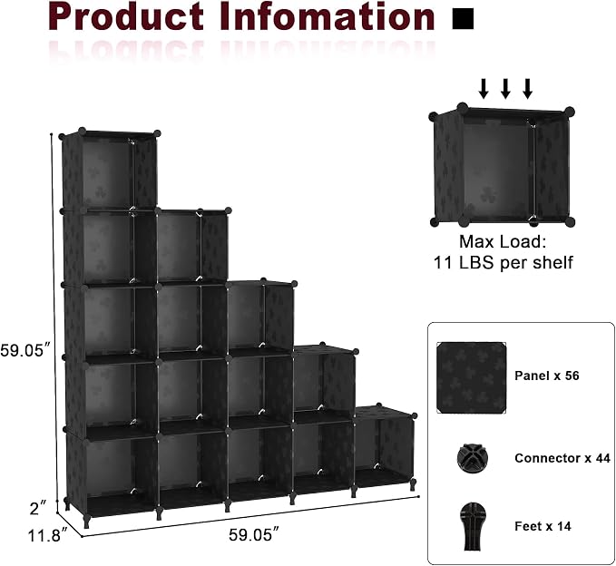 UNKU 16 Cube Storage Organizer,Closet Organizer Storage Shelves,Black | DIY Stackable Bookcase, Clothes Organizer Shelf for Closet, Bedroom, Living Room, Cabinet, Home, Office