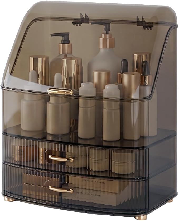 Makeup Organizer Countertop Vanity with Transparent Lid Drawers Waterproof Dustproof Cosmetic Skincare Bathroom Storage Gift for Women Teens Girls (Clear Black)