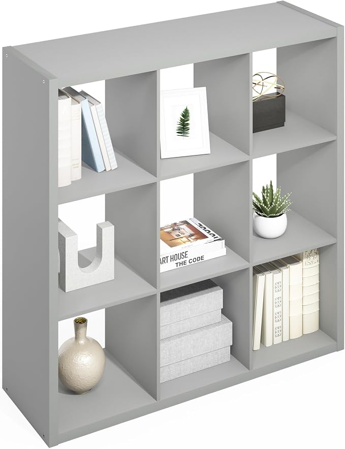 Furinno Simple Cube Storage Organizer, 9-Cube Display Shelf, Open Back Shelving Unit, Storage Shelves, Extra Thick Frame, for Organization and Storage, Living Room, Home Office, Light Grey