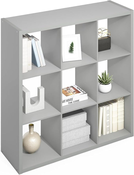 Furinno Simple Cube Storage Organizer, 9-Cube Display Shelf, Open Back Shelving Unit, Storage Shelves, Extra Thick Frame, for Organization and Storage, Living Room, Home Office, Light Grey