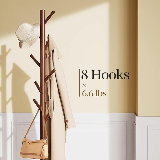 Pipishell Solid Wooden Coat Rack Freestanding, Hall Tree with 8 Hooks, 3 Height Options for Coats, Hats, Handbags, and Scarves, Tool-Free Assembly, Space Saving Design for Entryway, Office, Bedroom