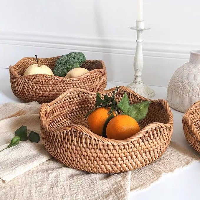 Rattan Bread Basket, Hand Woven Fruit Basket, Wicker Serving Basket Bowl, Decorative Baskets for Kitchen Counter Organizing, Set of 3 (Wave)