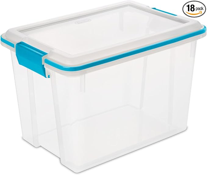 Sterilite Gasket Storage Box with Lids for Home & Office, 20 Quart, 18-Pack | Heavy-Duty, Stackable, and Organizing Containers for Bathroom, Cabinet, Closet, and Garage, Clear and Blue Aquarium Latches