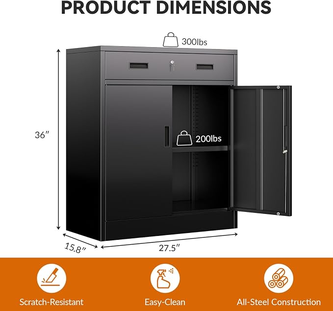 BESFUR Metal Garage Storage Cabinet with One Lockable Drawer 2 Locking Doors and an Adjustable Shelf, 36" Black Metal Short Storage Cabinet for Home Office,Garage,School,Utility Room