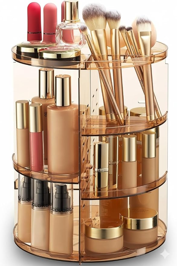 Masirs 360 Rotating Makeup Organizer Countertop, Adjustable Shelf, Brown | 360-Degree Rotating Makeup Organizer, Adjustable Shelf Height, Cosmetic Perfume Skincare Storage, Vanity Countertop, Brown