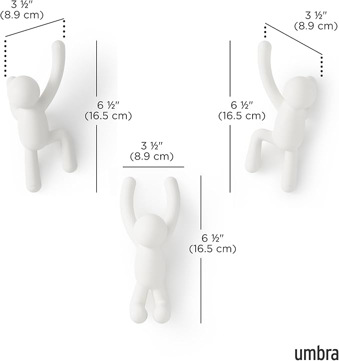 Umbra Buddy Wall Hooks, Decorative Wall Mount Coat Hooks, Set of 3, White | Easy install with hardware, holds 5lbs per hook, entryway bedroom bathroom dorm, playful hanging storage, recycled plastic