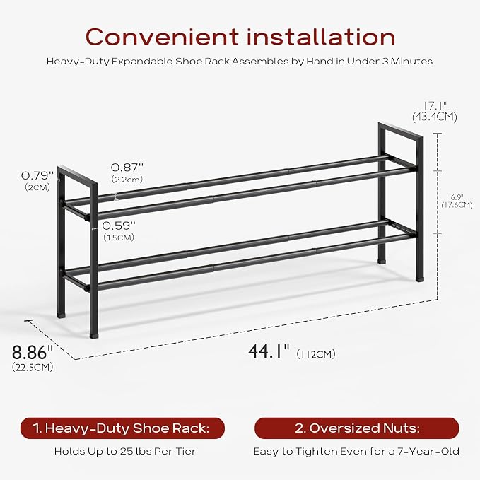 Bumusty 2 Tier Long Expandable Shoe Rack for Closet, Black | 18"-44" Adjustable Shoe Rack for Entryway, Shoe Organizer for Dorm, Front Door, Sturdy Metal