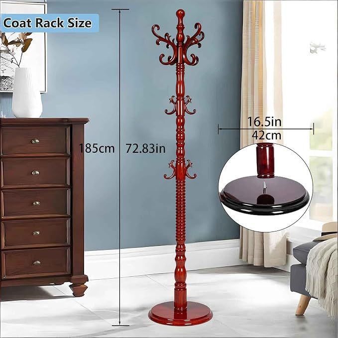 Coat Rack Freestanding, Wooden Coat Rack Stand with Sturdy Round Base, Vintage Coat Racks with 18 Hooks, Coat Hanger Stand for Entryway, Hallway,Bedroom (Reddish brown)