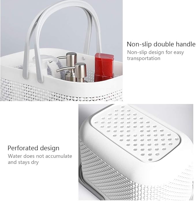 Plastic Portable Shower Caddy Basket, Storage Organizer with Handle, White | Bottom Drain Holes, Keep Dry, Sturdy and Durable, Easy to Carry for Bathroom, Kitchen, Dorm Room, RV, College