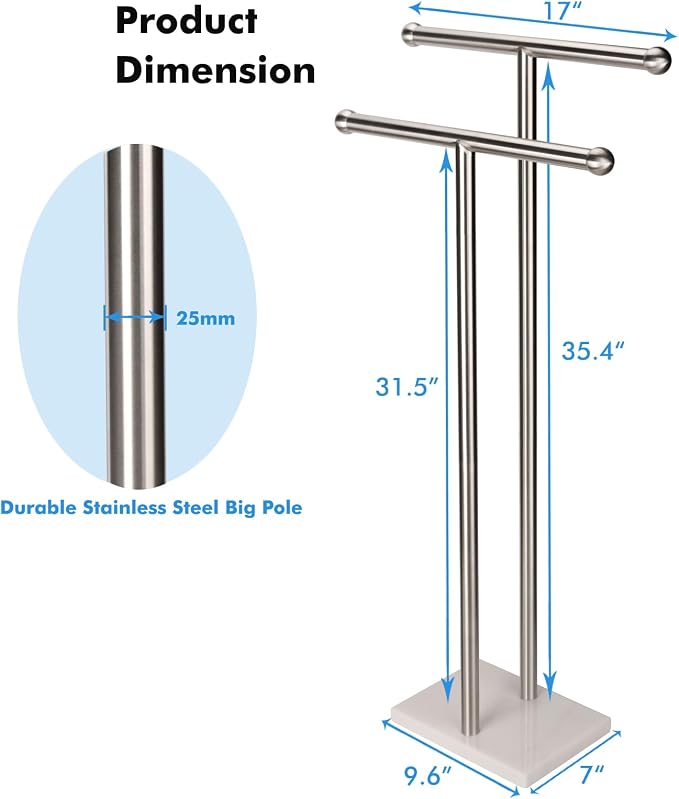 WAYDELI Standing Towel Rack Double-T Shape Tall Bath Towel Sheet Holder with Marble Design Base for Bathroom 2 Tier Towel Holder Stand Stainless Steel (Brushed Nickel)