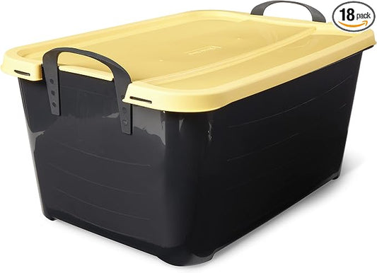 Life Story 18 Pack Heavy Duty Stackable Storage Bin, 55 Quart Home Organizer, Versatile Lightweight Locking Bins with Carrying Handles, Black/Yellow