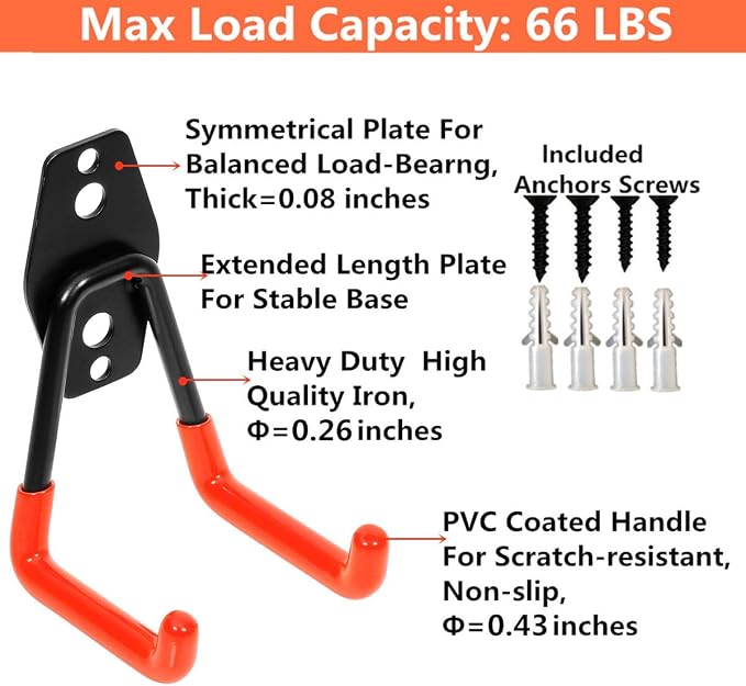 Garage Utility Double Hooks,Heavy Duty Steel Wall Mount Storage Organizer with Anti-Slip Coating,Load Capacity 66 LB (4 Pack Orange 3" U Hook)