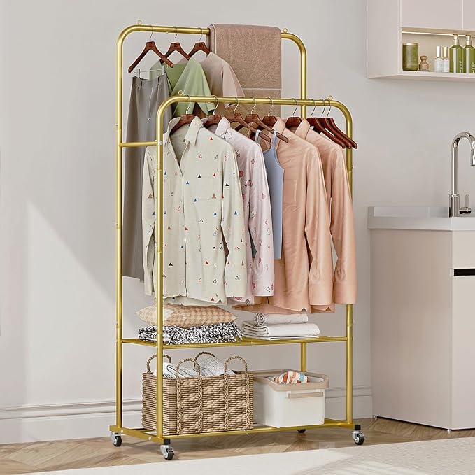 SUOERNUO Clothes Rack with Lockable Wheels Double Rods Metal Garment Racks | Portable Heavy-Duty Clothing Rack, Rolling Clothes Shelves for Bedroom Laundry Living Room, Gold