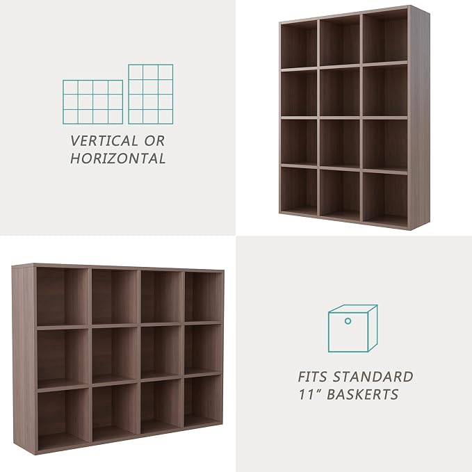 OSCHF 12-Cube Storage Shelf Bookcase, Walnut | Wooden 3-Tier Open Bookshelf, Fits 11×11" Bins, Vertical or Horizontal Use, Full Back Panels, For Home Office
