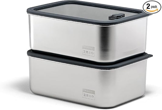 Stainless Steel Food Containers with Glass Lids, 2-Piece Airtight Food Storage Set, Rectangular, Stackable, Microwave and Dishwasher Safe, 2 x 88 oz, Silver Gray