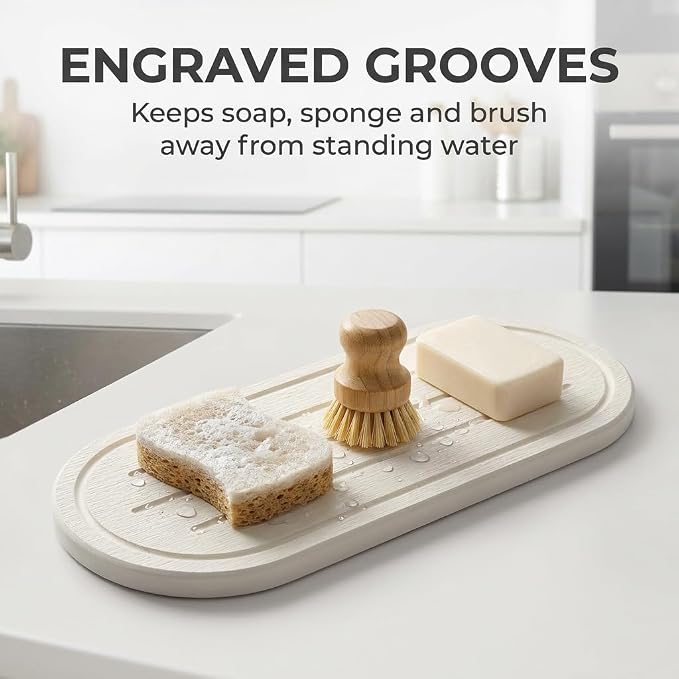 2PCS Water Absorbing Stone Drying Tray Mat for Bathroom Sink & Kitchen Counter Faucet Organizer Decor, Quick Dry Dish Soap Dispenser Sponge Holder, Vanity Sink Caddy Coaster,White -10"*3.8"