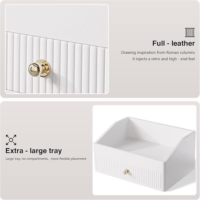 LADSTAG Makeup Organizer,Leather Skin Organizer with 1 Drawer&Tray,Luxury Beige White Makeup Storage for Perfume,Bedroom,Bathroom,Gifts for Women,Womens Gifts (White, 1-Drawer)