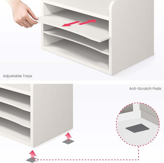 Ballucci File Organizer, 4-Tier Office Desk Organizer, Open Top Wood Paper Organizer for Classroom, Mail Sorter Paper Tray with Adjustable Storage Shelves, White