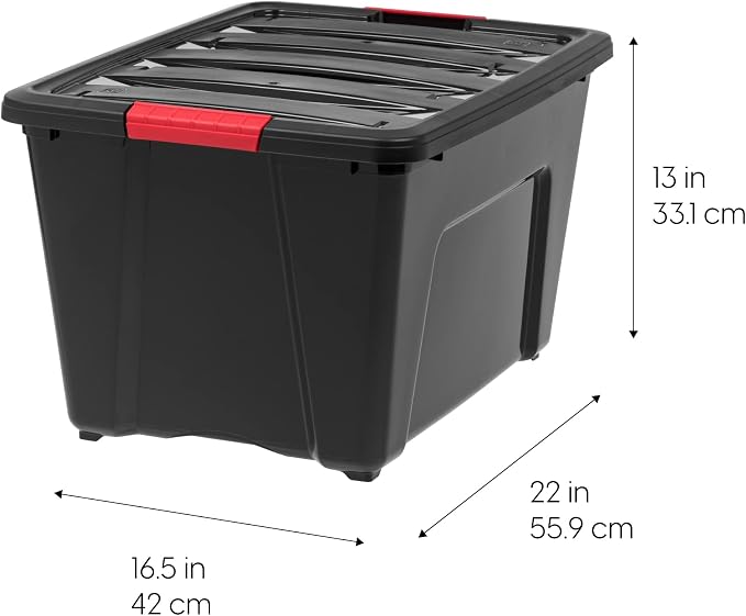 IRIS USA 4-Pack 54 Quart Storage Bins with Lids, Black | Black finish conceals stored items. Perfect for moving, blankets, clothing, and garage storage. Nestable design saves space
