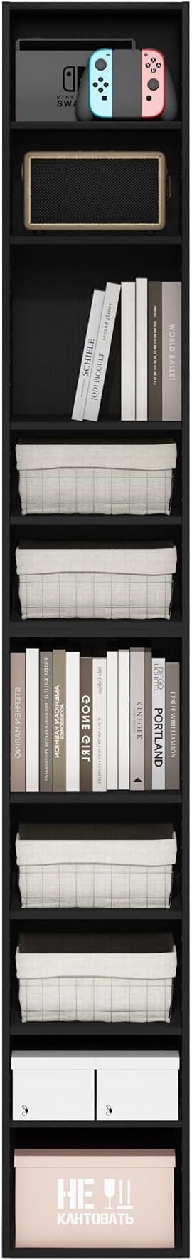 Furinno PASIR Book Shelf, 10-Tier Bookshelf, Bookcase with Open Shelf, 9.2 x 11.8 x 78.7, for Living Room, Bedroom, Home Office, Blackwood