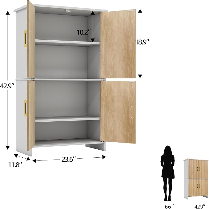 Bathroom Storage Cabinet, Floor Cabinet with 4 Fluted Doors and 2 Adjustable Shelves Wooden Tall Freestanding Organizers and Storage,White