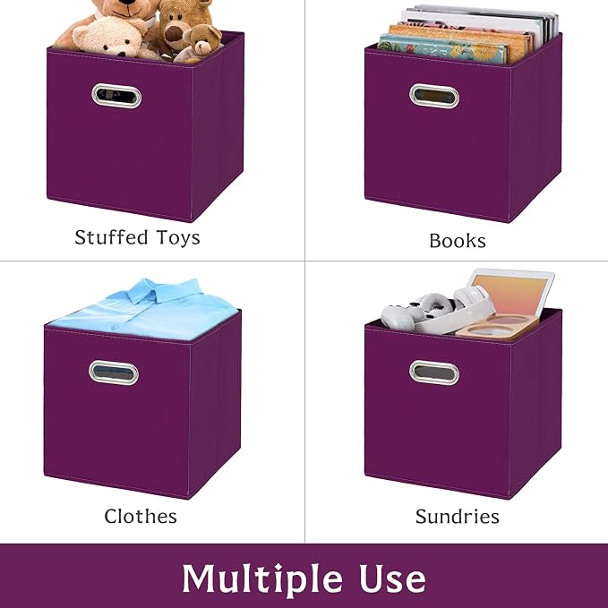 Fabric storage bins Cubes, Fabric Cube Organizer with Handle, Foldable Cube Bins for Cloth or Accessary Storage, 11x11x11, Set of 3, (Purple)
