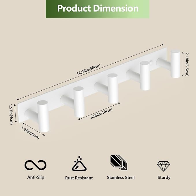 Wall Mounted Coat Rack-5 Hooks, Heavy Duty Stainless Steel Wall Hooks for Towel Coat Bag, Hat Rack Coat Hanger Coat Hooks Towel Racks for Bathroom Entryway Kitchen Hotel Office (White, 1 Pack)