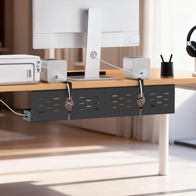 Univivi Under Desk Cable Management Tray, Cable Management, 32 inch, Black | Durable Steel Material, Under Desk Cable Tray with No-Drill C-Clamp and Screw Mount, Wire Management for Office/Home