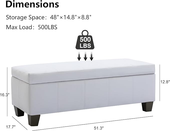51 Inch Storage Ottoman, Storage Bench with Safety Hinge, Upholstered Synthetic Leather Ottoman Bench for Bedroom, Living Room, Entryway, Hallway, Foot Rest, Support 500lbs